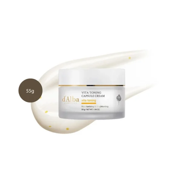 d'Alba Vita Toning Capsule Cream 55g jar with yellow capsule texture accents.