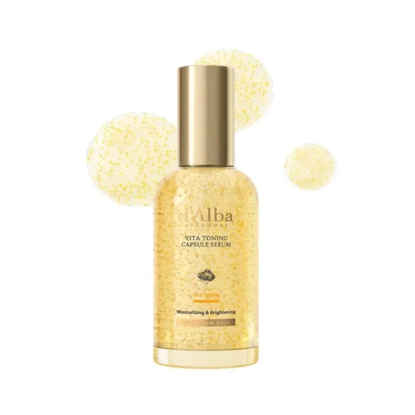 d'Alba Vita Toning Capsule Serum bottle with yellow capsule texture accents.