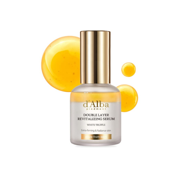 d'Alba White Truffle Double Layer Revitalizing Serum bottle with golden oil accents.