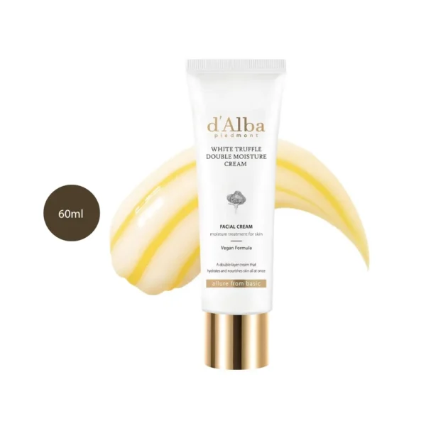 d'Alba White Truffle Double Moisture Cream 60ml tube with yellow and cream texture accents.