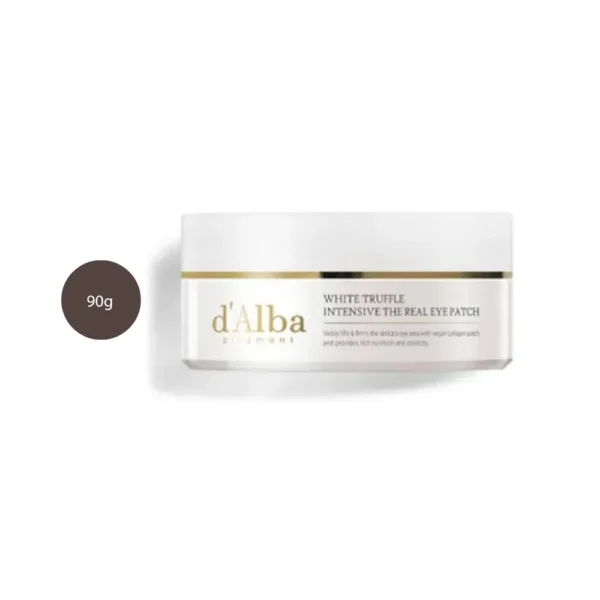 d'Alba White Truffle Intensive The Real Eye Patch 90g jar with a gold-trimmed white lid.