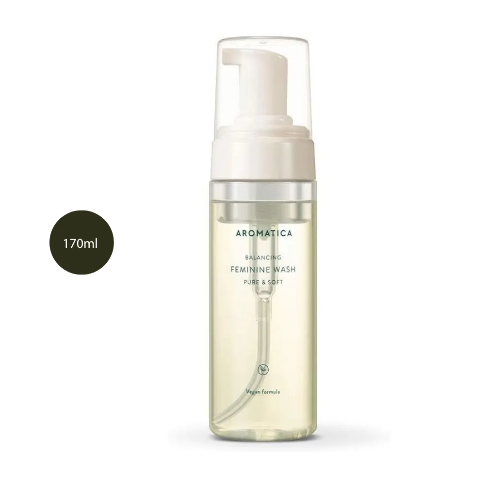 AROMATICA Pure & Soft Feminine Wash (170ml) AROMATICA Pure & Soft Feminine Wash 170ml clear bottle with white foam pump.
