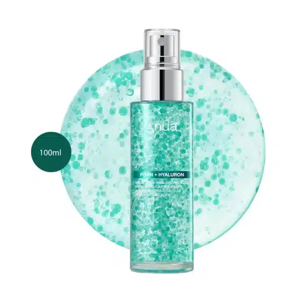 Anua PDRN Hyaluronic Acid Hydrating Capsule Mist 100ml spray bottle against a teal capsule gel splash.