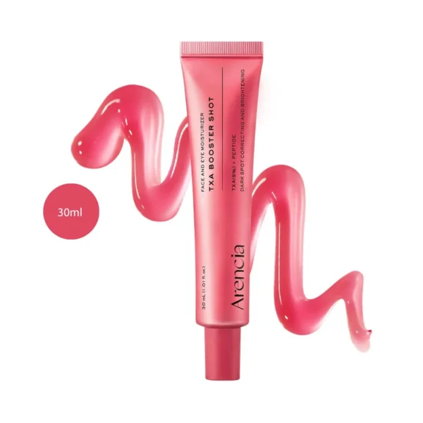 Arencia TXA Booster Shot Serum 30ml pink squeeze tube against a wavy pink gel swipe.