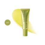 Arencia Vitamin C Booster Shot Serum (10ml) metallic green-gold squeeze tube on a yellow swipe.