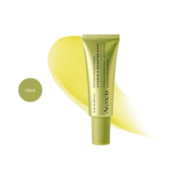 Arencia Vitamin C Booster Shot Serum (10ml) metallic green-gold squeeze tube on a yellow swipe.