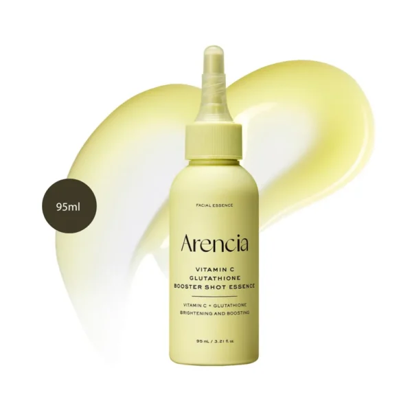 Arencia Vitamin C Glutathione Booster Shot Essence 95ml pale yellow nozzle bottle on yellow swipe.