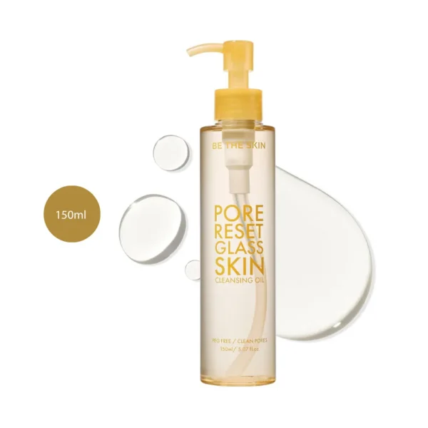 BE THE SKIN Pore Reset Cleansing Oil 150ml amber pump bottle with clear liquid droplets.
