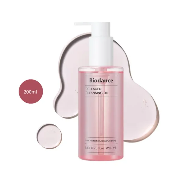 Biodance Collagen Cleansing Oil 200ml pink bottle with a white pump against a pink oil splash.