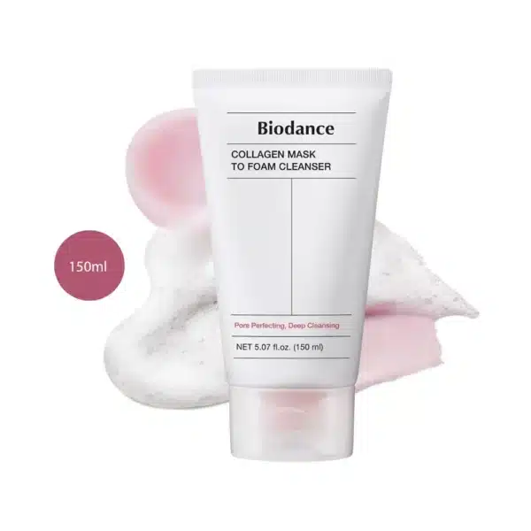 Biodance Collagen Mask To Foam Cleanser 150ml white tube with pink cream and foam.