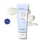 COSRX Ultra-Light Invisible Sunscreen 50ml light blue squeeze tube on a white gel lotion swipe.