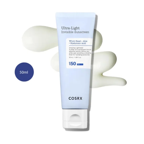 COSRX Ultra-Light Invisible Sunscreen 50ml light blue squeeze tube on a white gel lotion swipe.