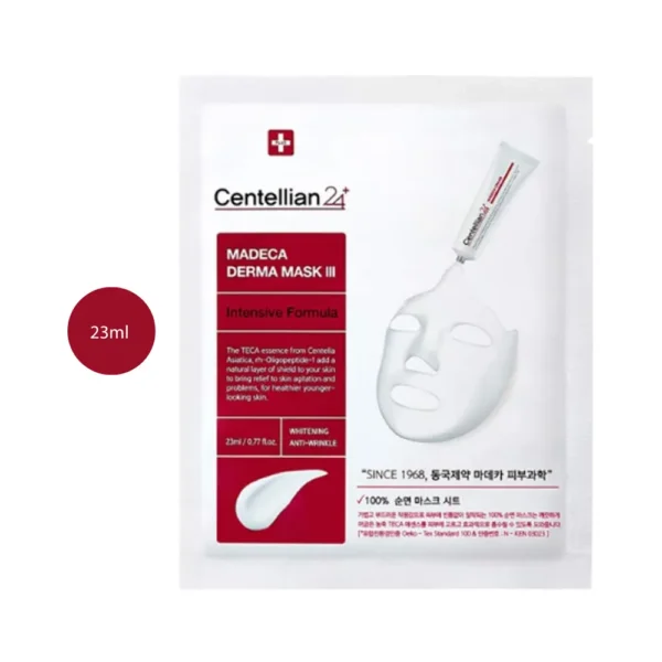 Centellian24 Madeca Derma Mask III sheet mask packaging with red labels and a face graphic.