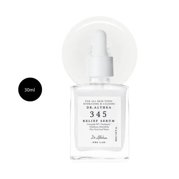 Dr. Althea 345 Relief Serum 30ml clear glass dropper bottle with a white label on a clear splash.