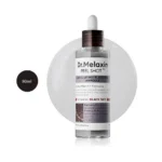 Dr. Melaxin Peel Shot Exfoliating Black Rice Ampoule 80ml dropper bottle on a clear liquid splash.