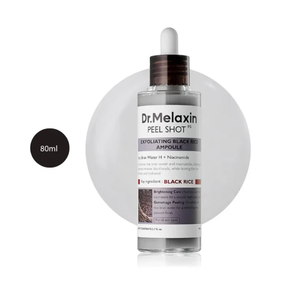 Dr. Melaxin Peel Shot Exfoliating Black Rice Ampoule 80ml dropper bottle on a clear liquid splash.