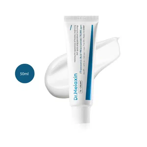 Dr. Melaxin TX Cream 50ml white squeeze tube with blue accents on a smooth white cream swipe.