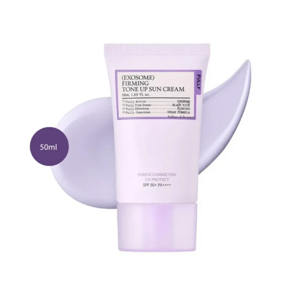 FULLY Exosome Firming Tone Up Sun Cream 50ml light purple squeeze tube on a purple cream swipe.