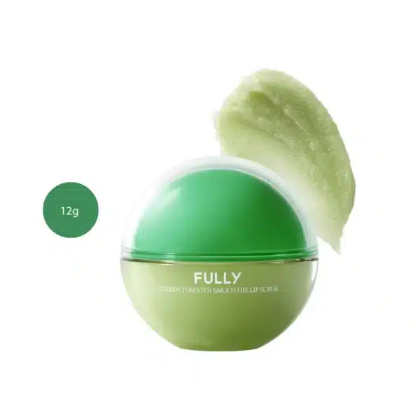 FULLY Green Tomato Smoothie Lip Scrub 12g round green sphere container with a light green swipe.
