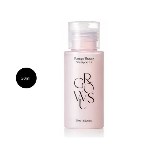 GROWUS Damage Therapy Shampoo EX 50ml small frosted light pink bottle with a clear cap.