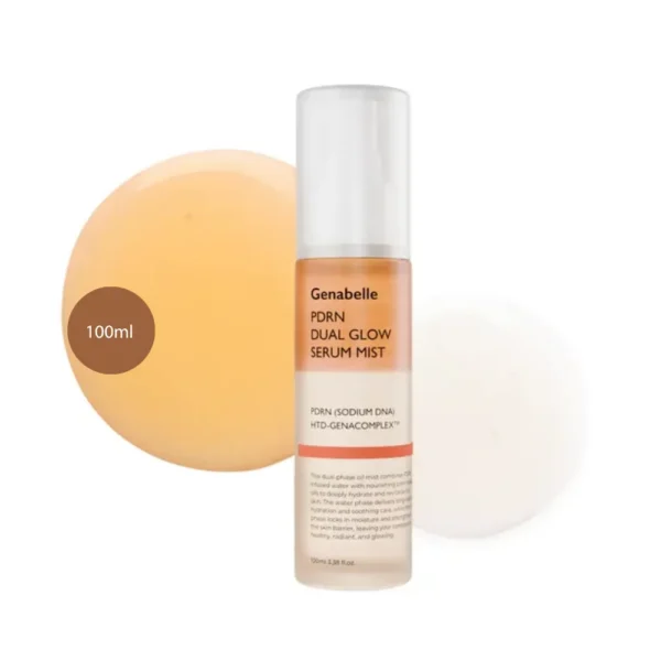 Genabelle PDRN Dual Glow Serum Mist 100ml clear spray bottle with liquid splashes.