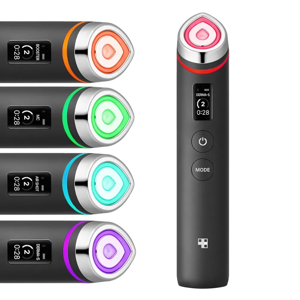 medicube AGE-R Booster Pro EX Device (Black) matte wand showing multi-color LED light modes.