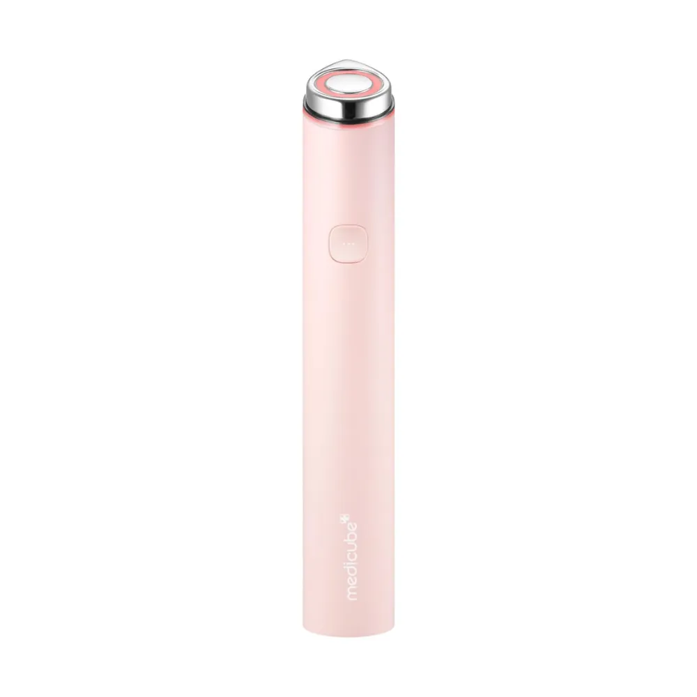 medicube AGE-R Booster Pro EX Device (Pink Mini) light pink wand with glowing LED head.