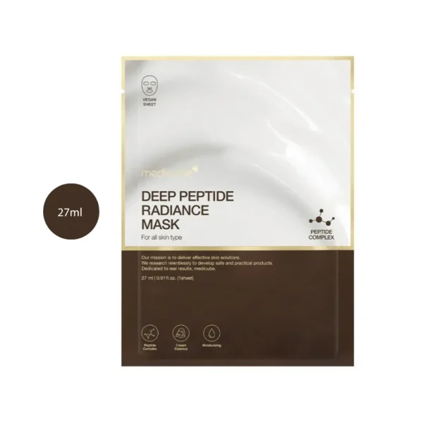 medicube Deep Peptide Radiance Mask 27ml sheet mask package in white and dark brown.