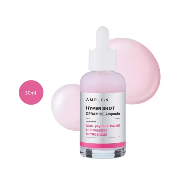 AMPLE:N Hyper Shot Ceramide Ampoule 50ml pink glass dropper bottle with pink liquid splashes.