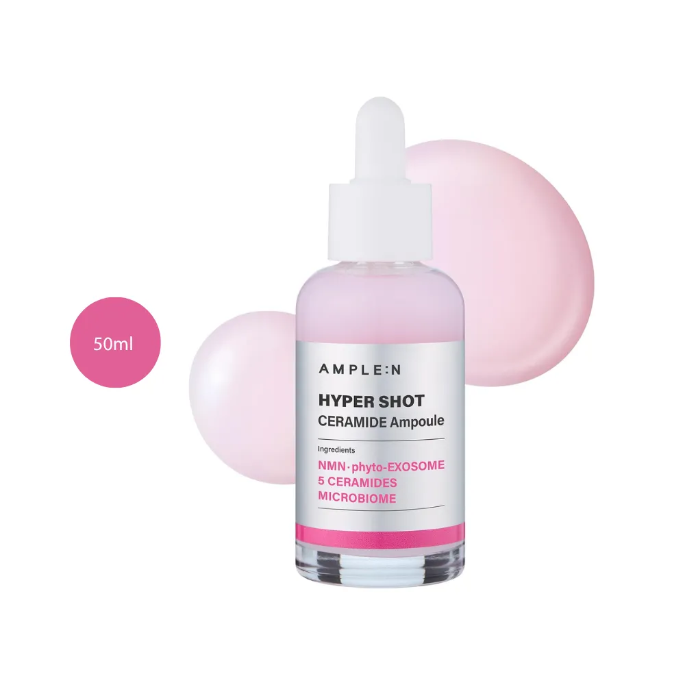 AMPLE:N Hyper Shot Ceramide Ampoule 50ml pink glass dropper bottle with pink liquid splashes.