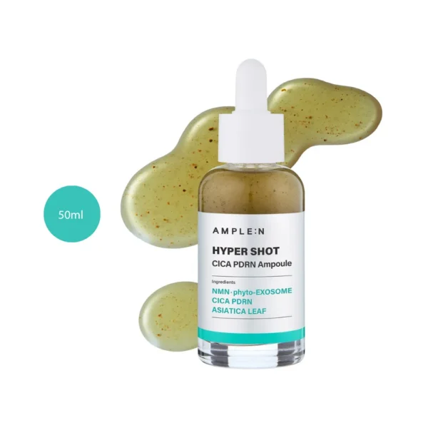AMPLE:N Hyper Shot Cica PDRN Ampoule 50ml dropper bottle with green liquid splashes.