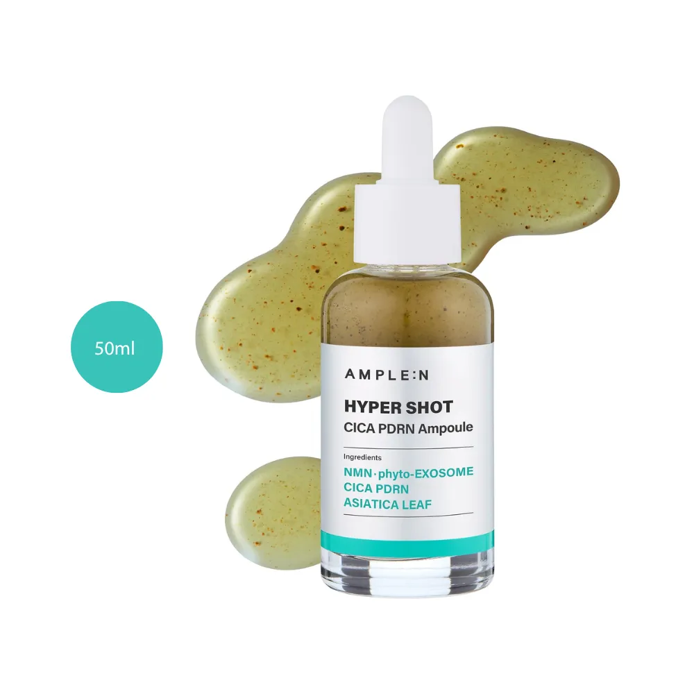 AMPLE:N Hyper Shot Cica PDRN Ampoule 50ml dropper bottle with green liquid splashes.