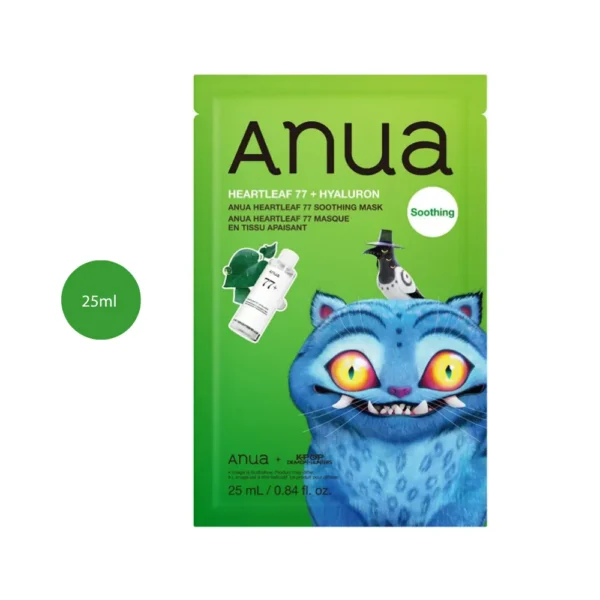 Anua KDH Heartleaf 77 Soothing Mask 25ml green sachet with illustration.