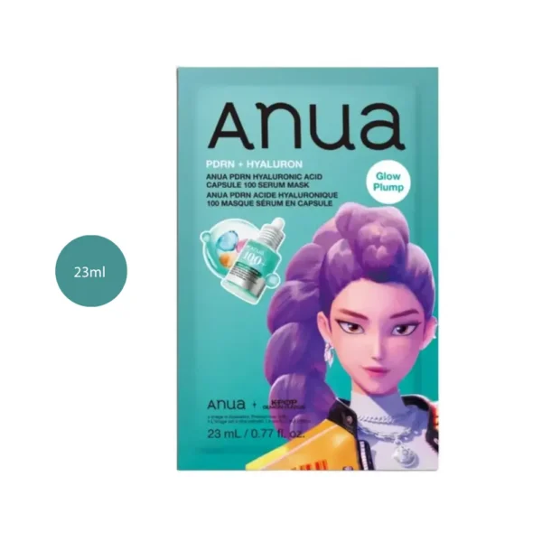 Anua KDH PDRN Hyaluronic Acid Capsule 100 Serum Mask 23ml teal sachet with illustration.