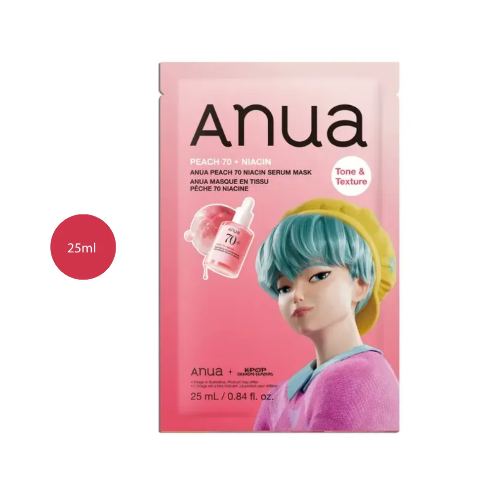 Anua KDH Peach 70 Niacin Serum Face Mask 25ml pink sachet with K-Pop character illustration.