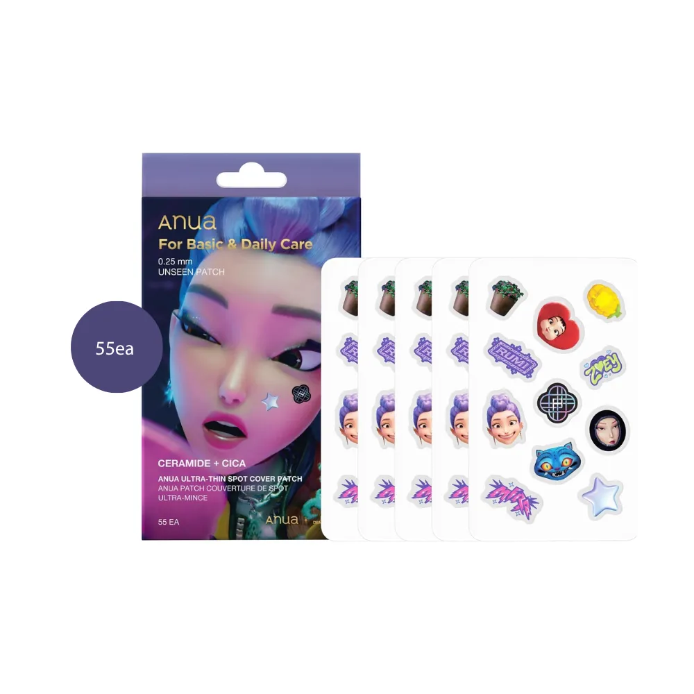 Anua KDH Ultra-Thin Spot Cover Patch Set purple box with character sticker sheets.