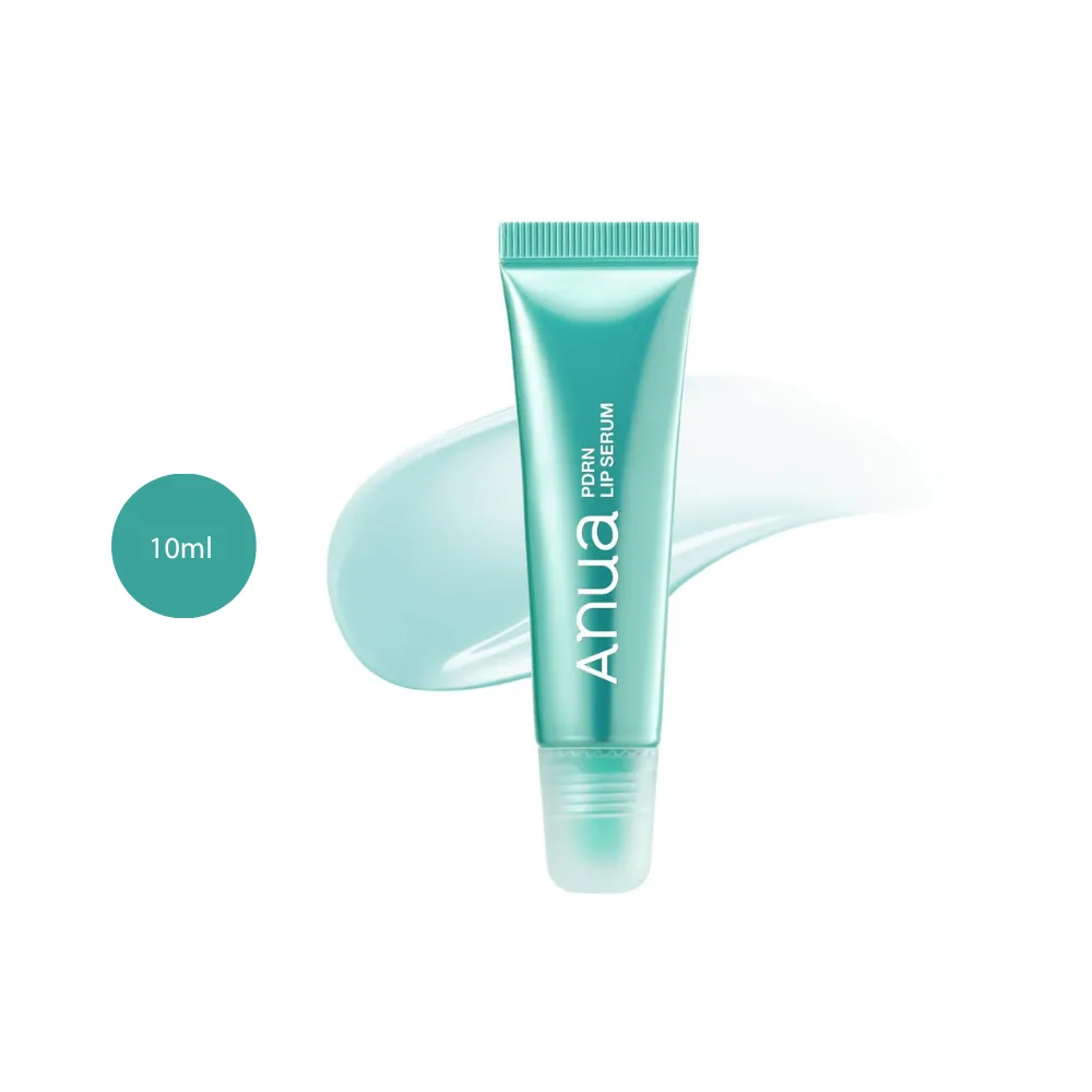 Anua PDRN Lip Serum 10ml metallic teal squeeze tube with a clear gel smear behind it.