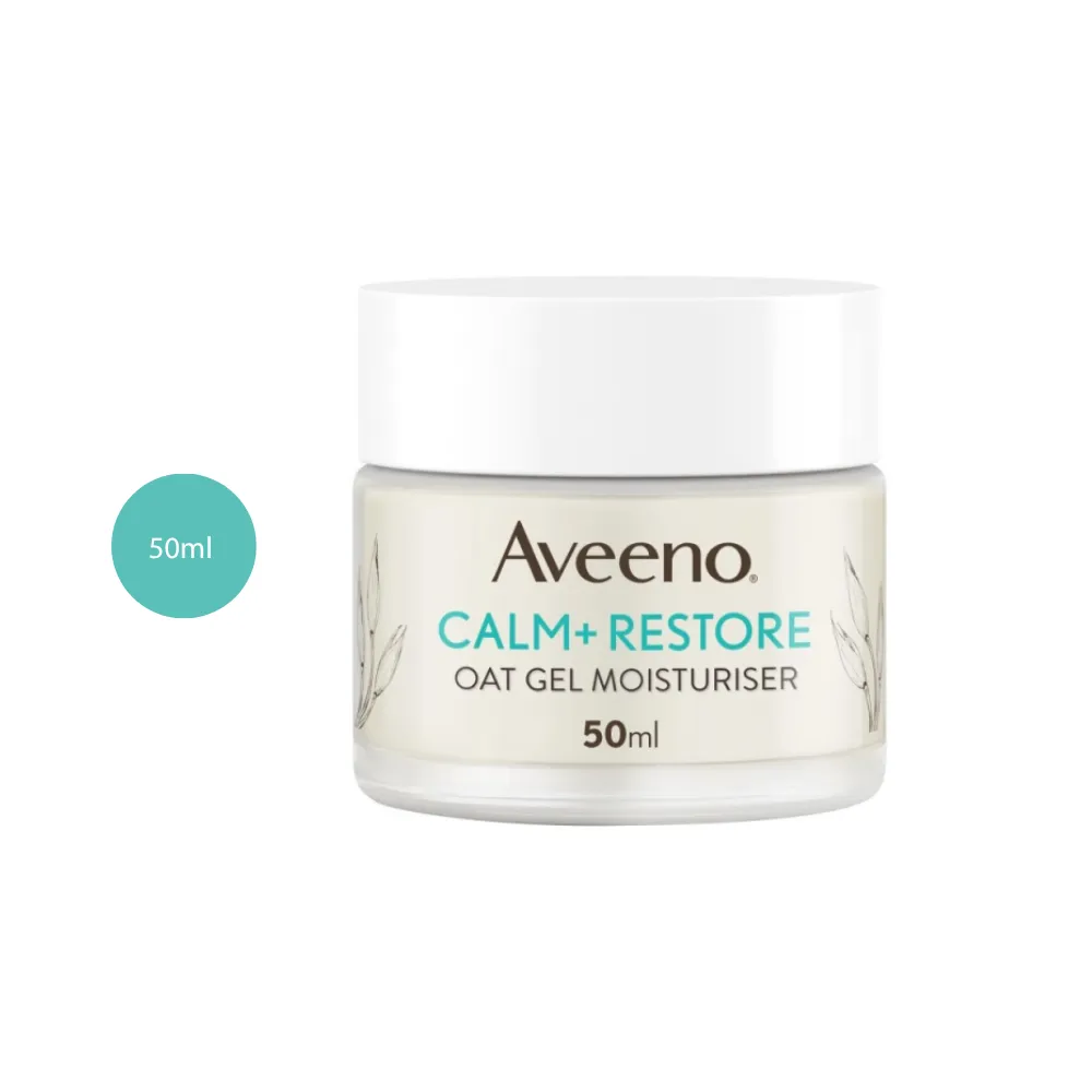 Aveeno Calm+Restore Oat Gel Moisturiser 50ml glass jar with a white lid.