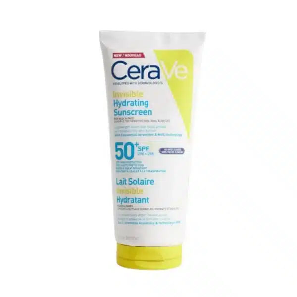 CeraVe Invisible Hydrating Sunscreen SPF 50+ white tube with yellow cap.