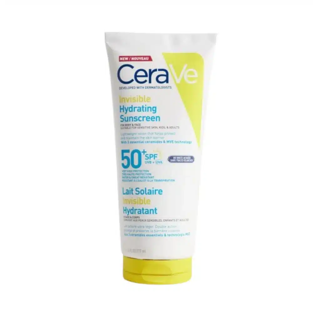 CeraVe Invisible Hydrating Sunscreen SPF 50+ white tube with yellow cap.