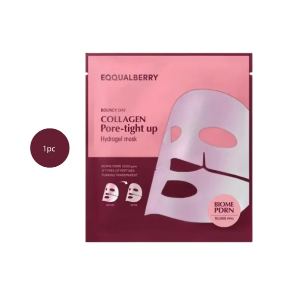 EQQUALBERRY Collagen Pore-tight up Hydrogel Mask 1pc pink and maroon sachet packet.