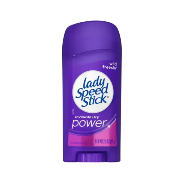 Lady Speed Stick Wild Freesia Invisible Dry Deodorant purple stick container.