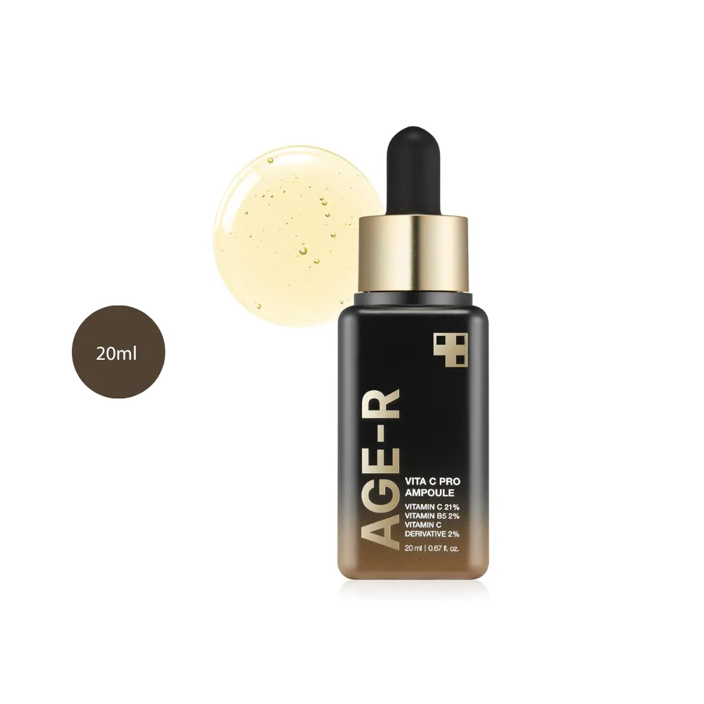 medicube AGE-R Vita C Pro Ampoule 20ml dark bottle with gold cap and yellow serum droplet.