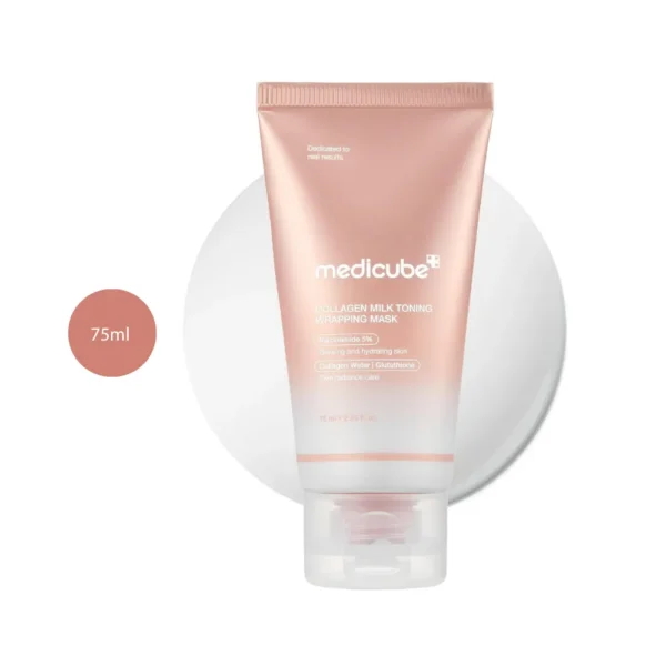 medicube Collagen Milk Toning Wrapping Mask 75ml pink metallic tube on a round white backdrop.