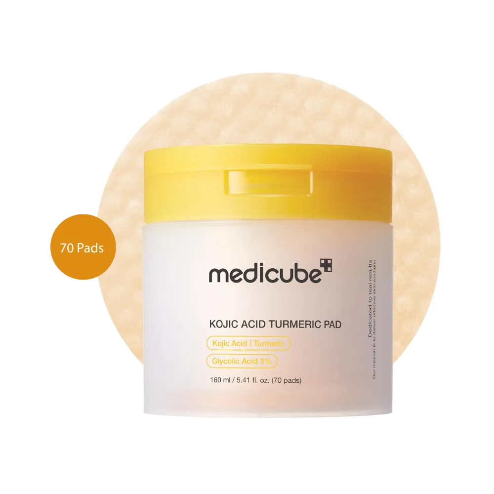 medicube Kojic Acid Turmeric Pad 70 Pads white tub with a yellow lid.