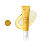 medicube Kojic Acid Turmeric Vita Eye Gel Serum 30ml yellow squeeze tube with gel swatch behind.