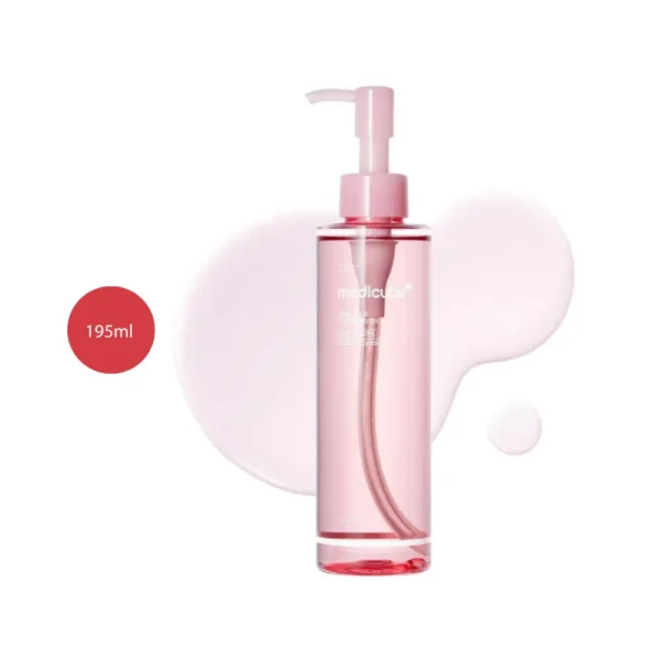 medicube PDRN Mild Cleansing Oil 195ml pink pump bottle with a liquid splash background.