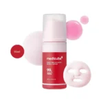 medicube PDRN Pink Collagen Bubble Serum 95ml red bottle with pink bubble foam backdrop.