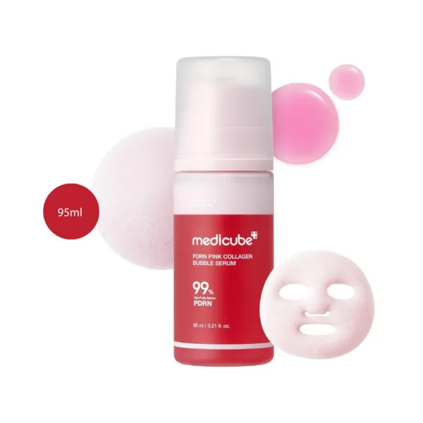 medicube PDRN Pink Collagen Bubble Serum 95ml red bottle with pink bubble foam backdrop.