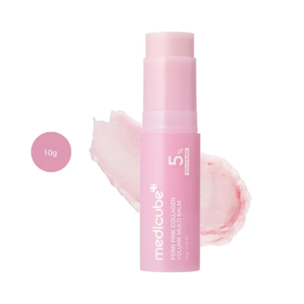 medicube PDRN Pink Collagen Volume Multi Balm 10g pink stick with balm swatch behind.